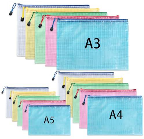 15 Stück Kunststoffhüllen A3 A4 A5 Reißverschluss Ordner Mesh Zip Lock Taschen Wasserdicht Kunststoff Dokumentenhalter Reißverschluss Aufbewahrungstaschen für Schule, Hausaufgaben, Büro, Zuhause,
