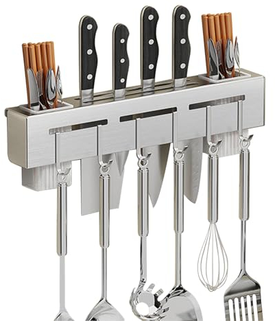 VBNZBK Porte-ustensiles de Cuisine Avec 6 Crochets Amovibles,Barre Ustensiles Cuisine Mural,Porte-ustensiles Suspendu pour Suspendre les Ustensiles de Cuisine pour la Maison,la Salle à Manger (Argent)