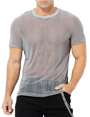 Casey Kevin Maglia Trasparente Uomo a Rete Camicia Paillettes Glitter Nera T Shirt Mesh Fishnet Discoteca Sexy Trasparenti Maglietta Muscoli Clubwear Party Night