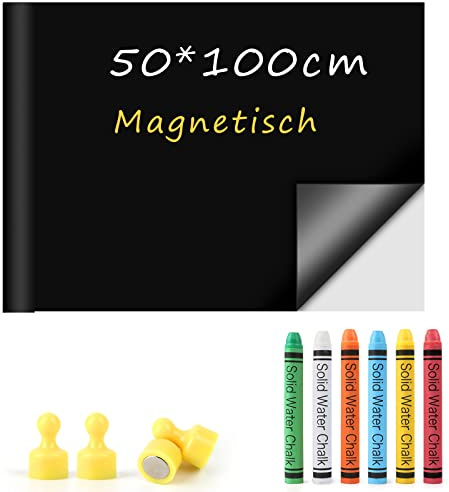 Tafelfolie Magnetisch Selbstklebend, Magnettafel Folie - 50 x 100cm, Inkl. Magnetfolie, 6 staublose Kreide, 4 Magneten