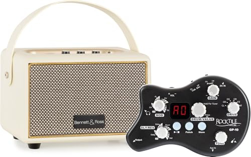 Rocktile GP-10 / BB-820CW Gitarren Amp Set - Kopfhörerverstärker mit 6 hochwertigen Amp-Models und weiteren Funktionen - Bluetooth® Lautsprecher mit Akku - 4 Fullrange Lautsprecher - Weiß