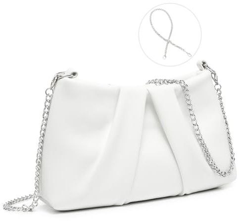 Dasein Elegant Pleated Evening Bag Soft Vegan Leather Clutch Purse Dressy Formal Handbag with 2 Chain Straps for Women (White)
