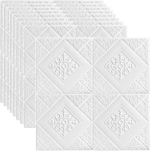 3D Wall Panels Self Adhesive Wall Panels 35 * 35cm 3D Tile Wall Sticker Waterproof, Moisture Proof, Sound Insulation Wallpaper Soft PE Foam Panels Wall Decor, 10PCS (White-1)