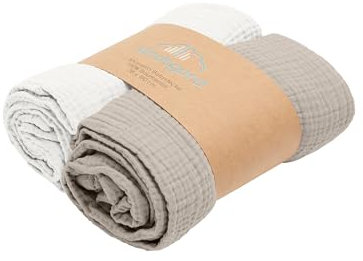 Kindsgard Lot de 2 couvertures pour bébé « Himsky » - Crème/beige - 100 % mousseline de coton - Respirantes, douces et polyvalentes - Bavette et couverture douillette - Idéal pour l'équipement initial