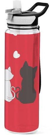 Mnsruu Transparente Sport-Wasserflasche mit Strohhalm, auslaufsichere Trinkflasche, weiße Katze und schwarze Katze, Fahrradflaschen für Sport, Büro, Schule, BPA-freier Tritan-Kunststoff, 1 Liter