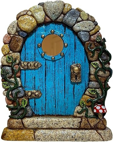 Rosojodg Blaue Miniatur-Feentür aus Holz, Elfen-Gartentüren, Miniatur-Baumtür, Gartenstatuen für Garten, Hof, Rasen, Figuren, Outdoor-Dekoration, Gartenskulpturen und Statuen