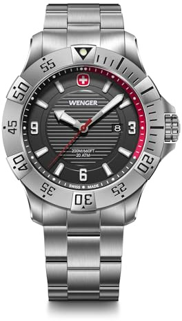 Wenger Reloj de Pulsera de Hombre Seaforce, Ø 43 mm, Swiss Made, Cuarzo analógico, Sumergible hasta 200 m, Pulsera de Acero Inoxidable, Negro/Plateado