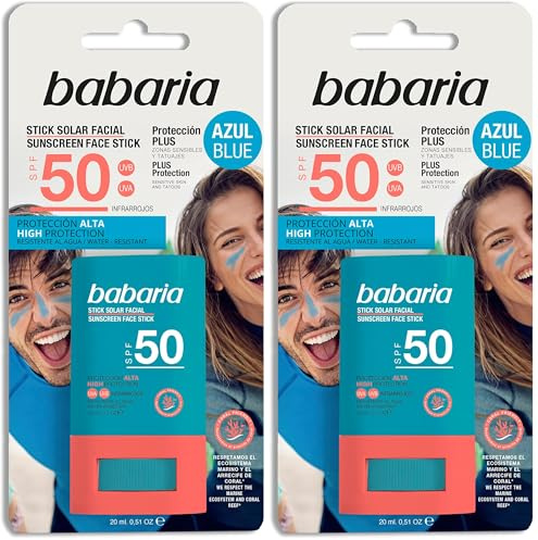 BABARIA- Stick Solar Facial 50 Azul - 20g | Color Azul | Surf Stick | Protección Muy Alta Contra | Apto Para Zonas Sensibles Y Tatuajes |resistente Al Agua | 100% Vegano (Paquete de 2)