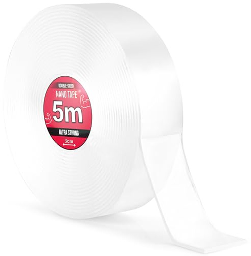 Nano Tape 2 x 5 m – Ruban adhésif double face 10 m – Extra fort pour la maison, le mur, le bureau, les bulles Art – Transparent Nano Ruban adhésif double face – Ruban adhésif double face transparent