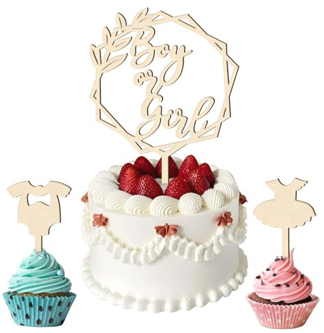 LunarCharm 3 Stück Gender Reveal Cake Topper Holz, Gender Reveal Party Deko, Baby Party Dekoration, Boy or Girl Gender Reveal Party Kuchen Torten Dekoration