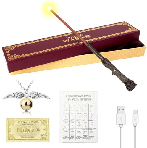 FGJCJ Harry Zauberstab, 37CM Zauberstab Harry P-O-tter mit Licht, USB Aufladung Magic Glühen HPotter Zauberstäbe, Harry Stab in Geschenkbox mit Zauberspruch-Karte, Stationsticket und Halskette