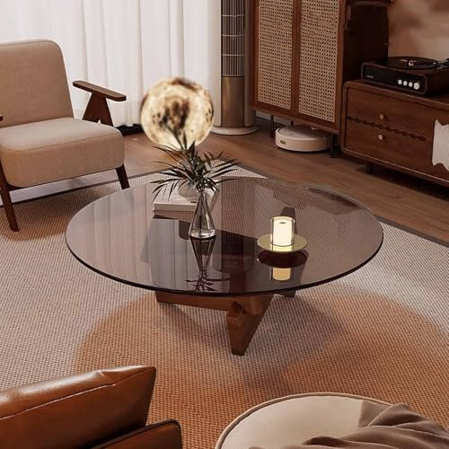 KaBuea Table Basse Ronde en Verre et Bois de 80 cm pour Salon et Petit Espace