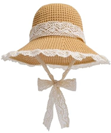 YANJIY Cappello da Spiaggia Donna Estate con Pizzo - Paglia Intrecciata Regolabile, Falda Larga Pieghevole e Protezione UV per Matrimonio Spiaggia, Vacanze, Festa Giardino, Viaggi (Khaki)