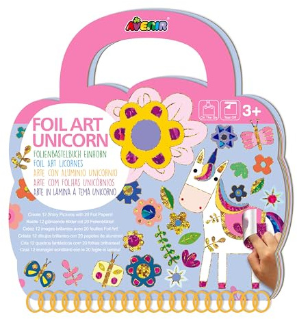 Avenir Folienkunst Einhorn Bastelset, 12 Bilder mit 20 Folienbögen, Aufklebern, ideal für Reisen, ab 3 Jahren, Rosa