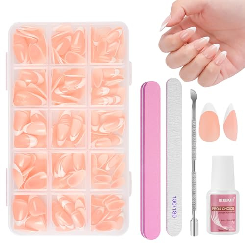 BUTBU 240 Stück Falsche Nägel Tips Set, Französisch falsche nägel Zum Aufkleben, 15 Größen French Press On nail set, Fake nails mit Kleber für Damen Und Frauen (Weiß Nude Kurze Mandel)