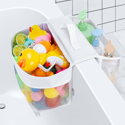 Dreamtop Saddle Shape 2 Compartment Bath Toy Storage Net, Bathroom Toy Storage Tidy, Mesh Bath Toy Organizer with Zipper for Drying Toys and Storage, Kids Bath Toy Organizer Bath Toy Net for Tub