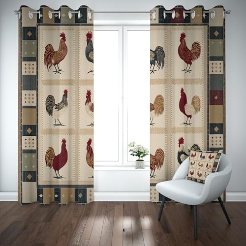 Kioldoq Hühn Bauernhof Vorhang Blickdicht, Verdunklungsvorhänge Tier Vintage Gardinen mit Ose 2er Set 245x140 cm Landhausstil Wohnzimmer, Thermovorhang Kälteschutz Schlafzimmer