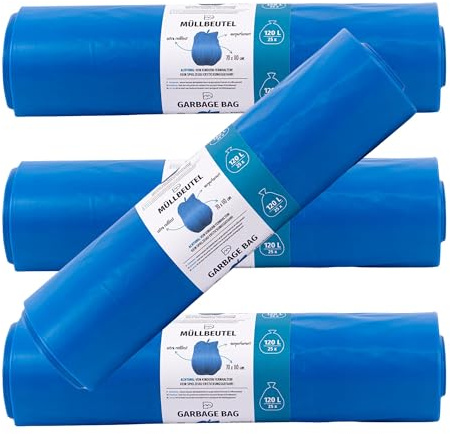 Schwerlast Müllsäcke 120L Blau 60µ - 100x BLiX Professionelle Mülltüten 70x110cm I Extra Starke Abfallsäcke für Baustellen & Gewerbe I Reißfest und Robust I Farbcodierte Mülltrennung