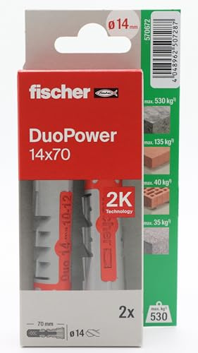 fischer - Duopower 14 x 70-2U, chevilles murales multi-matériaux, pour accrocher des vélos, des cadres, des armoires, des supports de télévision, des étagères, des meubles.