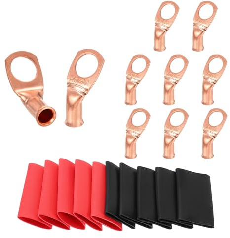 sourcing map 10 capicorda in rame piegato a 45°, 8 AWG, terminali terminali per batteria, calibro 8 da 3/8, con 10 tubi termorestringenti 3:1 nero e rosso