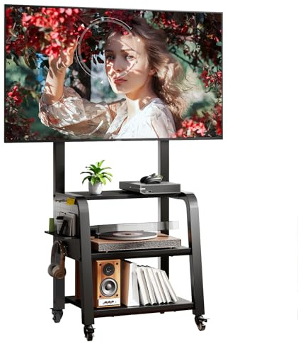Wooden Base Rolling TV Stand for 37-75 inch TVs up to 132 lbs, Mobile TV Stand with 3-Tier Storage Shelf & Pegboard, Height Adjustable Heavy Duty TV Cart, Max VESA 600x400mm