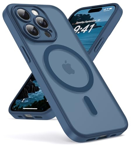 Oududianzi-Magnetisch Hülle für iPhone 15 Pro mit Magsafe, Blau | Durchscheinende Mattierte PC Rückseite TPU Silikon Schutzhülle, Kameraschutz Transluzente Matt Kratzfest Stoßfest Handyhülle