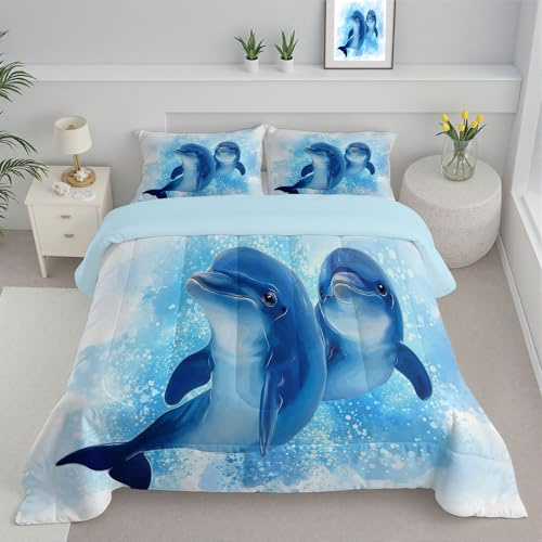 JEDTAKCT Trapunta Matrimoniale Per Bambini, Con Stampa Delfino Carino, Trapunta 4 Stagioni, Animale Acquerello, Piumone Blu Reale, Letto 240X220 Federa, Reversibile Piumino Senza Copertina