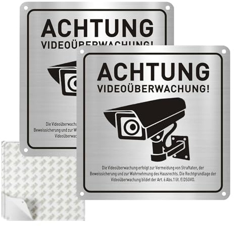 Achtung Videoüberwachung Schild, 15x15cm Schild Videoüberwachung Privatgrundstück, Aluminium Schilder Kameraüberwachung mit Selbstklebend und Bohrlöcher(2 Stück)