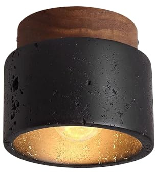 Jadssox Lámpara de techo de piedra negra Wabi Sabi con estructura de madera, montaje semi-empotrado, diámetro de 4.7 pulgadas, diseño cercano al techo con pantalla de piedra travertino