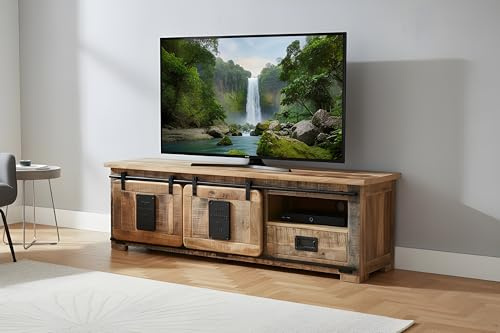 SAM Lowboard Libro IV, Mangoholz massiv + Rough, TV-Board/Fernsehkommode mit 2 Holzschiebetüren, Schublade & 3 offenen Fächern, Türelemente & Reling aus Eisen, 160 x 45 x 50 cm