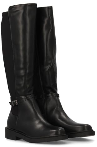 shoes&blues.es 97115 Bota Alta para Mujer con Cana combinada en Material Sintetico y Tejido Elastico. Hebilla Decorativa en el Tobillo y Suela Plana. Negro Talla 38