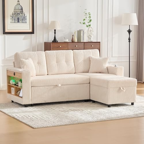 A ALFRESCOOL Sofa l Form mit Schlaffunktion, Cord-Schlafcouch mit Stauraum und Ausziehbett, Inkl. USB-C, Ambientebeleuchtung, Getränkehaltern & Armlehnen für Wohnzimmer, Schlafzimmer(Beige)
