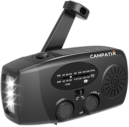 CAMPATIX Notfallradio mit 2000 mAh Solar-Powerbank, AM/FM Radio, USB-Ladung, LED, Taschenlampe, Handkurbel, SOS-Funktion, kompaktes Kurbelradio für Camping, Outdoor & Notfallausrüstung, Camping-Gadget