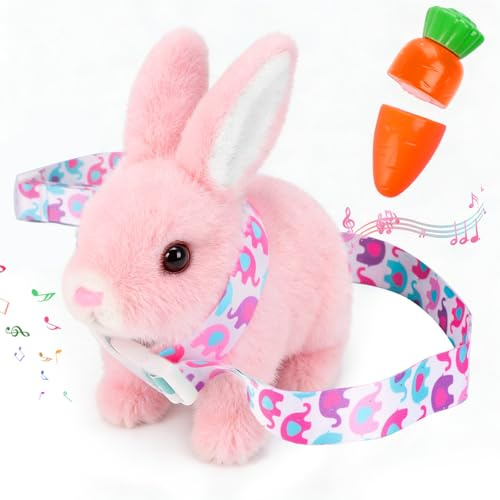 hehred Bunny Toys for Kids with Carrot, Interactive Plush Bunny Toy with Sounds, Electronic Walking Jumping Spotted Rabbit for Easter Christmas or Birthday Gifts, Pink