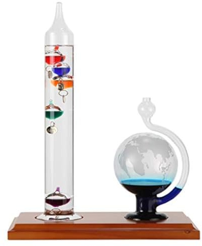 LilysHome Galileo Thermometer with Etched Glass Globe Barometer, A Timeless Design that Measures Temperatures from 64ºF to 80ºF with a Beautiful Wood Base, 5 Multi-Colored Spheres (9 in x12 in)