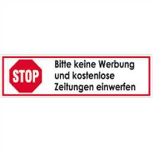 Aufkleber Stop Bitte keine Werbung und kostenl. Zeitungen einwerfen Folie selbstklebend 2x7cm (keine Reklame) praxisbewährt, wetterfest