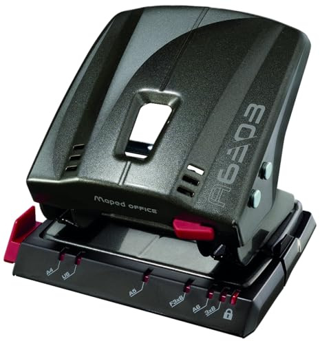 Maped - Perforadora de Papel - Advanced Metal 2 Agujeros para 30/35 Hojas - Agujereador de Papel Metálico - Mecanismo Antibloqueo - Tapa para Vaciar Confetis - Rápida y Precisa - Color Negro