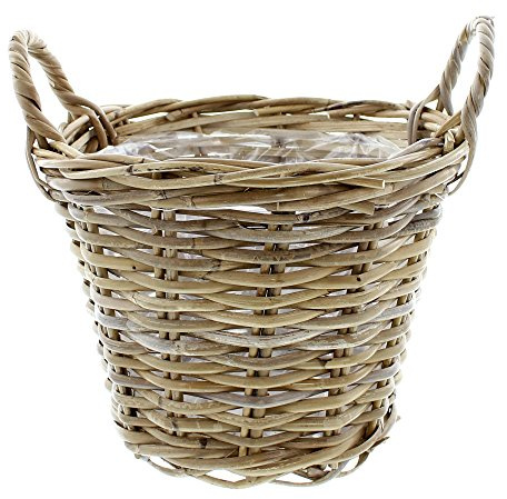 FRANK FLECHTWAREN Pflanzkorb Rattan, Grau Gekalkt, Mit Folie & Griffen, ca. Ø 30x23 cm, Bepflanzungsfertig Wohnzimmer Boho