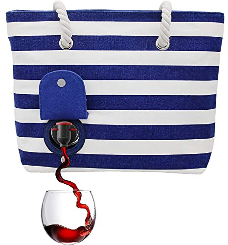 PortoVino Tote Beach Bag - Canvas Wine Purse with Hidden Spout and Dispenser Flask for Wine Lovers that Holds and Pours 2 bottles of Wine! Traveling, Concerts, Bachelorette Party - Blue/White