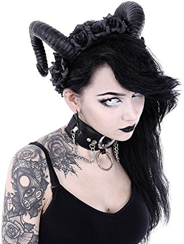 Restyle Gothic Sinister Rosen Stirnband Girlande Widder Satan Hörner Kopfbedeckung
