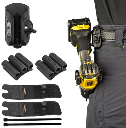 Spider Tool Holster - Dual Tool Kit - Adhesive BitGrippers + Self Locking, Quick Draw Belt Holster Clip for Carrying a Power Drill, Driver, Multitool, Pneumatic, Flashlight, Hammer, Saw and More! …