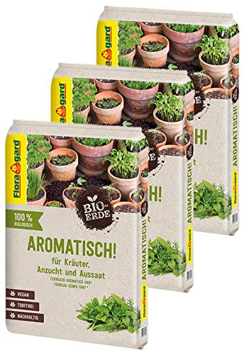 Floragard Bio-Erde Aromatisch 30 L (3×10 L) – torffreie, vegane Kräuter- & Anzuchterde mit lockerer, feiner Struktur für Aussaat, Kräuter & Jungpflanzen – fördert Gute Keimung & gesundes Wachstum