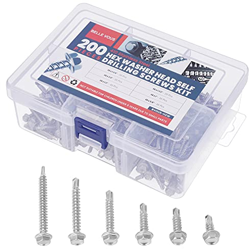 Belle Vous Stainless Steel #8 Assortment TEK Self Drilling Screws (200 Pack) - 6 Size Hex Washer Head Kit - Self Tapping Roof Sheet Metal, Wood, Building & Construction Screw Set