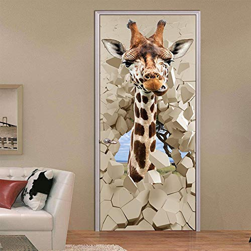 Dracol Pegatinas de Puerta de Jirafa a Través de la Pared, 3D Trompe L'Oeil, para Sala de Estar Dormitorio Decoración del Hogar Pegatinas de Pared Calcomanías Extraíbles Impermeables 77x200cm