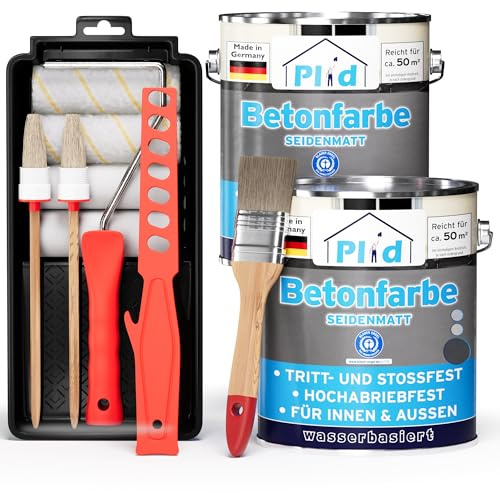 Plid Betonfarbe Anthrazitgrau Seidenmatt 5 L Set - Bodenfarbe für Beton | Flüssigkunststoff Bodenbeschichtung | Kellerbodenfarbe | Innen & Außen | ca. 50 m² | UV-beständig | Made in Germany