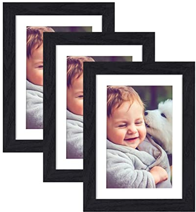 3 Pack 5x7 Black Photo Frames,13x18cm Wood Picture frame with Perspex Glass | Display 4x6 pictures with Mount,Freestanding and Wall Mountable