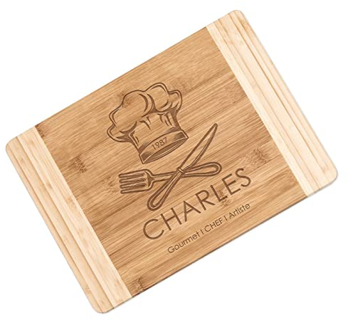 Maverton Planche à découper personnalisée - Planche bois bambou pour homme amateur de cuisine - Cadeau Homme - Cadeau Personnalisé - Accessoire pour lui - pour anniversaire - Cadeau Noel - couverts