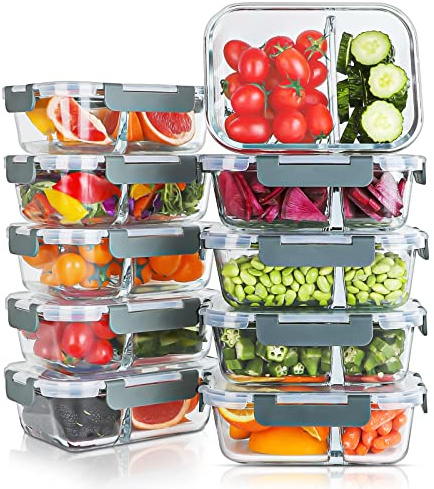 KOMUEE 10 Packs 30oz Glass Meal Prep Containers 2 Compartments,Glass Food Storage Containers with Lids,Airtight Lunch Bento Boxes,Microwave,Oven,Freezer and Dishwasher Safe