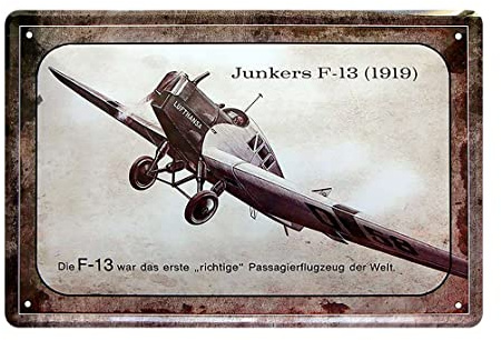 schilderkreis24 Blechschild Flugzeug “Junkers F-13 1919“ Plane Technik Deko Dekoration Historisch Retro Metallschild Vintage Geschenk zum Geburtstag oder Weihnachten 20x30 cm