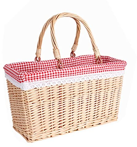 UZOURI Picknickkorb Osterkorb Weidenkorb mit Futterstoff Großer Korb mit Doppelklappgriffen Einkaufskorb 40x16x25cm(Color:red)